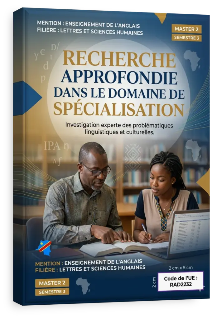 Étudiant en Lettres menant une recherche approfondie sur la langue anglaise dans une bibliothèque universitaire en RDC.
