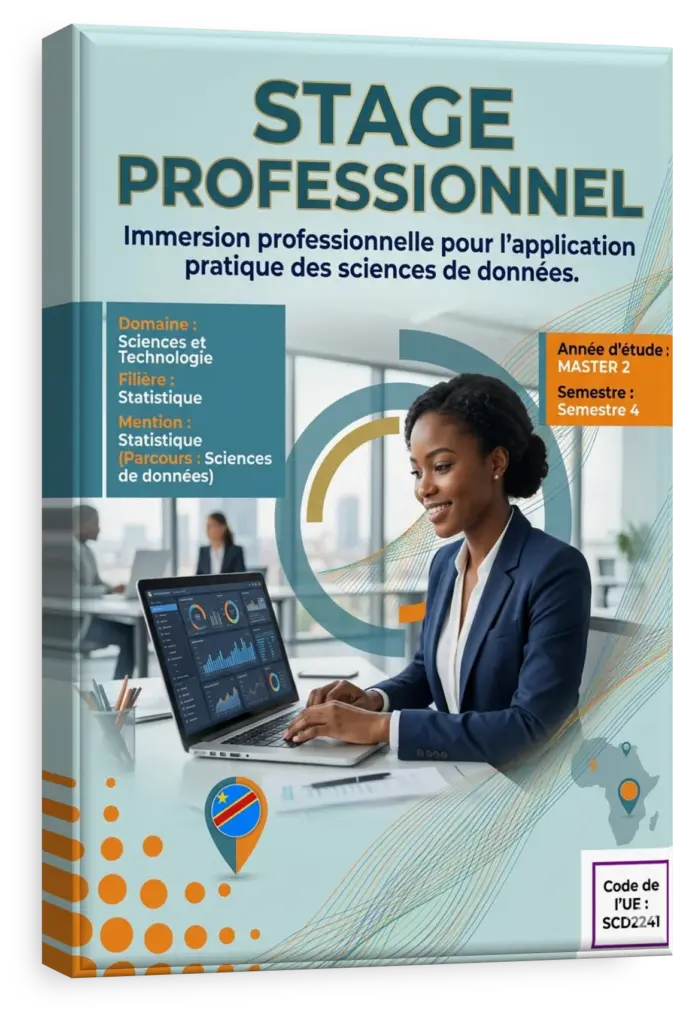 Étudiant en stage professionnel analysant des données sur un ordinateur en RDC.