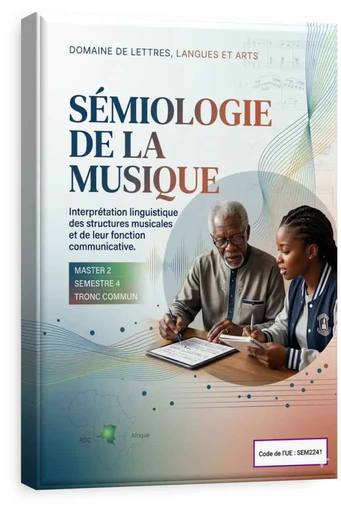 Étudiant en sémiologie de la musique analysant une partition avec des instruments congolais en arrière-plan.