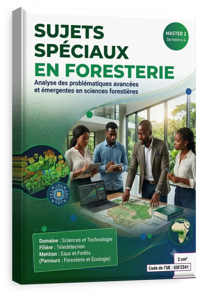 Forêt dense du bassin du Congo avec des superpositions graphiques de données climatiques.