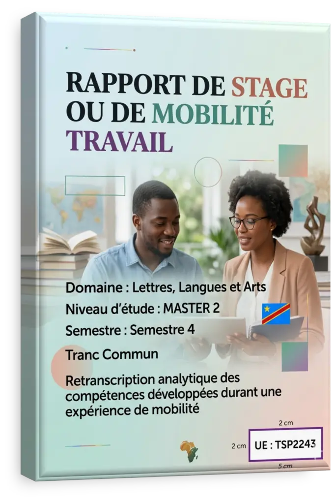 Étudiant présentant son rapport de stage sur la traduction et les marchés internationaux en RDC.