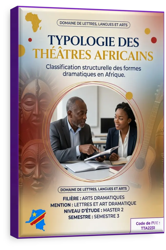 Masques de théâtre traditionnel africain sur une scène.